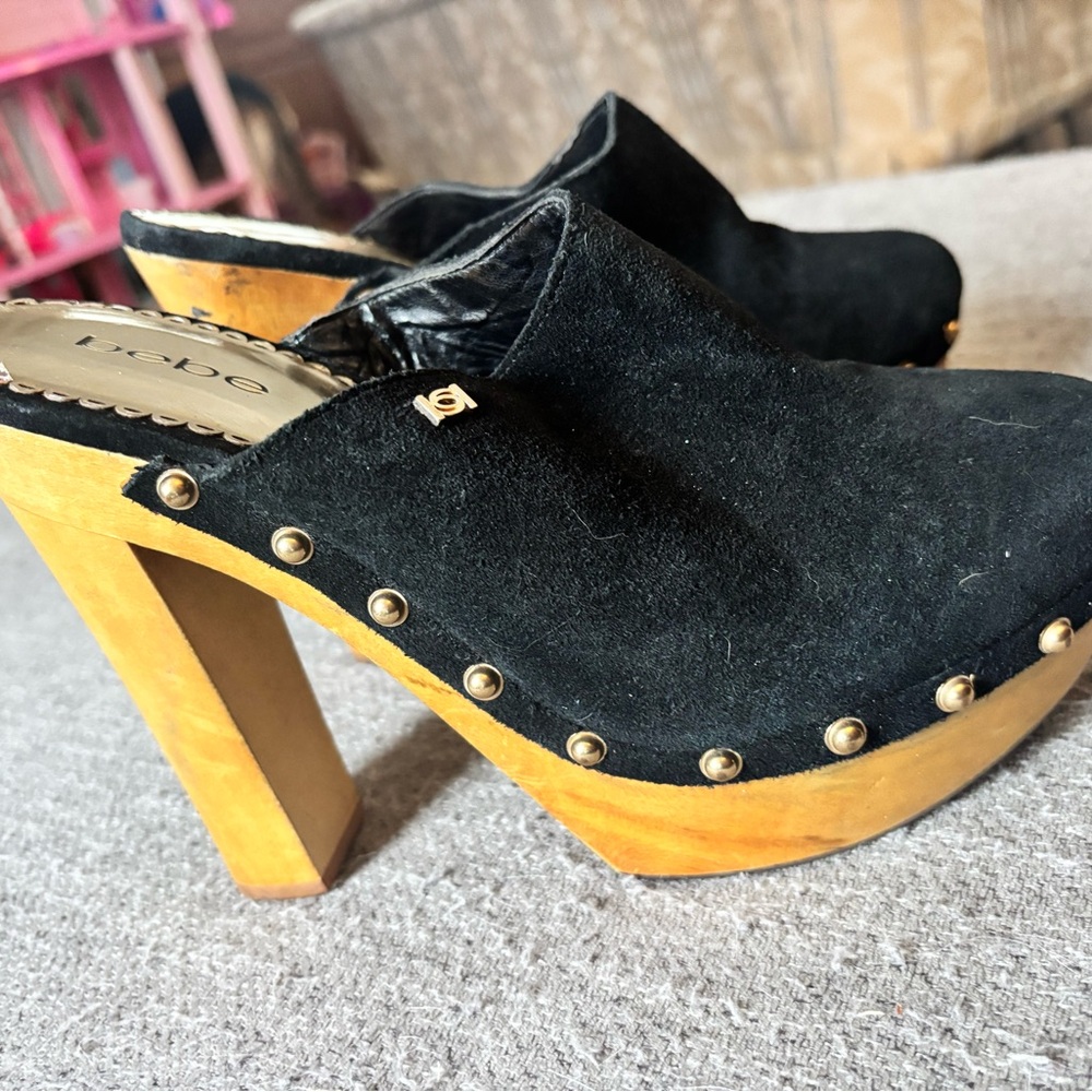 Bebe Black and Tan Women's Clogs Mules With Heels Wooden